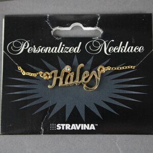 HALEY Name Goldtone Rhinestone Accent 14.5" w 4.5" Multi Ring Ext Necklace